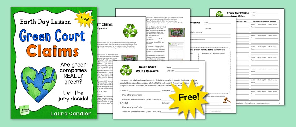 Free Green Court Claims environmental science lesson for Earth Day or any day! Students investigate "green" claims that companies make about their products to find out if they are environmentally friendly.