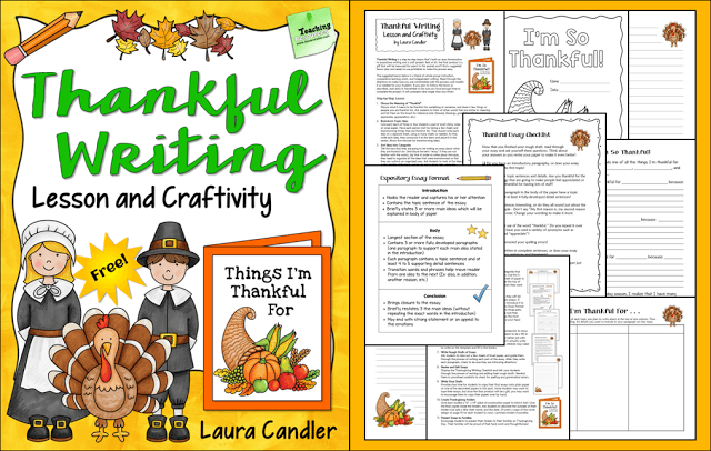 Thankful Writing is a freebie from Laura Candler that's a step-by-step writing lesson and a craftivity all in one.The final project is sent home with students to be shared with their families on Thanksgiving day, and it's sure to be a memorable keepsake!