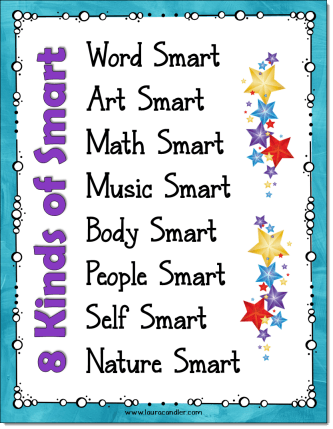 Free poster of the 8 Kinds of Smart (kid-friendly multiple intelligence names). Includes a black and white version, too!