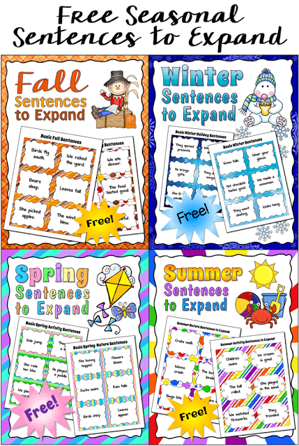 Teaching Kids to Write Super Sentences - Corkboard Connections blog post with sentence-writing lesson and free seasonal sentences to expand task cards.