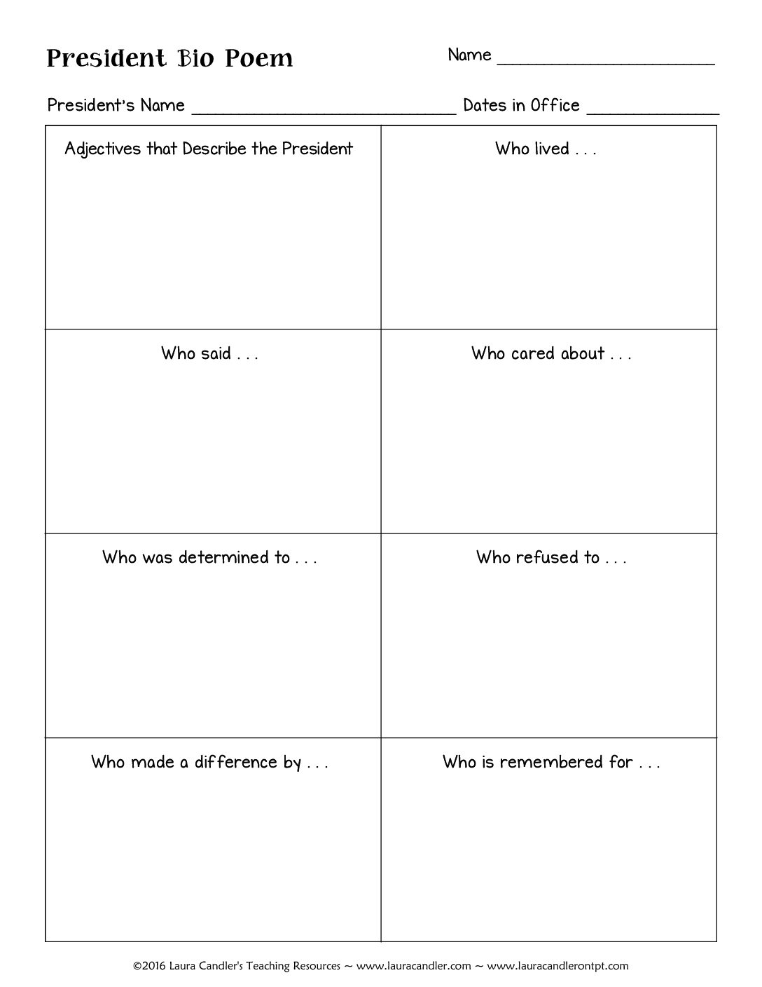 Presidents Day Bio Poem Graphic Organizer Laura Candler 2851