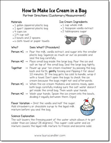 Free Recipe for Making Ice Cream in a Bag - Includes two recipes, one using customary measurement and one using metric measurement.
