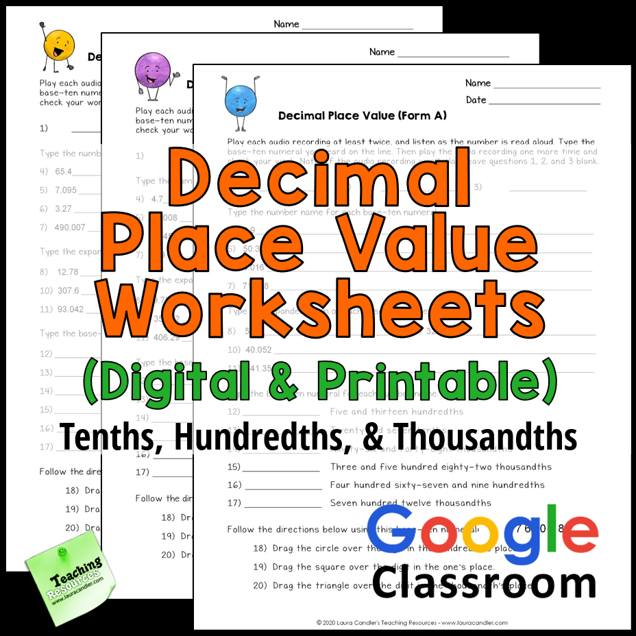 Decimal Place Value Worksheets (Tenths Hundredths and Thousandths