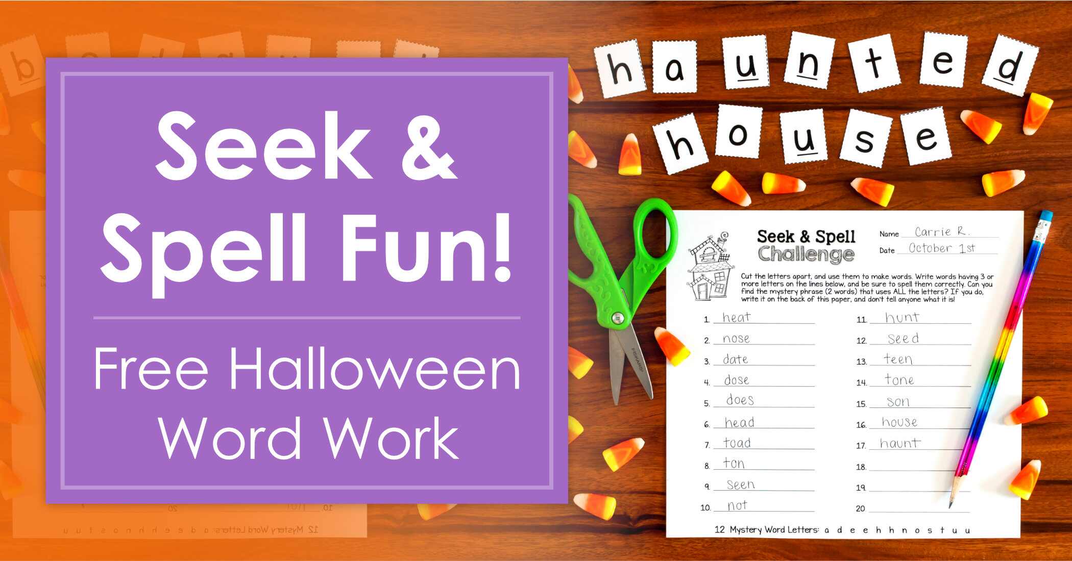 Free Halloween Word Work – Seek & Spell Fun!