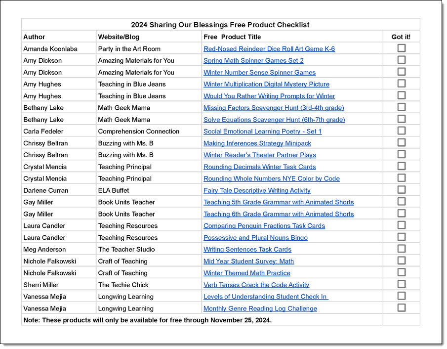 Visit the 2024 Sharing Our Blessings Blog hop and grab 23 teacher products worth $94 for free! 