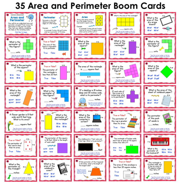 Area and Perimeter Boom Cards includes 35 self-checking, digital, interactive task cards designed to help students master basic area and perimeter concepts.