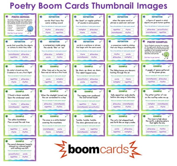 Poetry Boom Cards is a set of interactive, self-checking digital task cards that can be used to review eight commonly-used poetic devices.