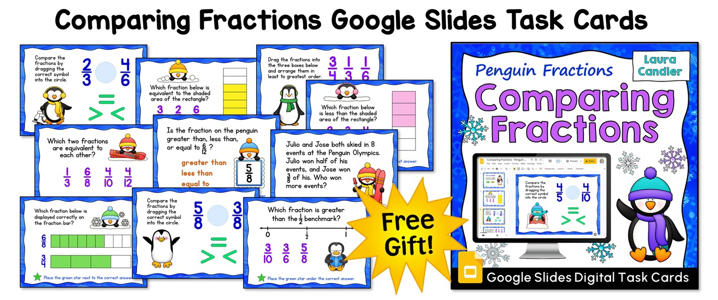 Grab these Comparing Penguin Fractions Google Slides task cards for FREE from Laura Candler during the 2024 Sharing our Blessings Blog Hop!