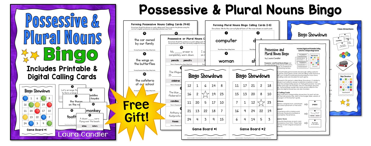 Possessive and Plural Nouns Bingo is one of the free gifts for teachers during the 2024 Sharing Our Blessings Blog Hop!